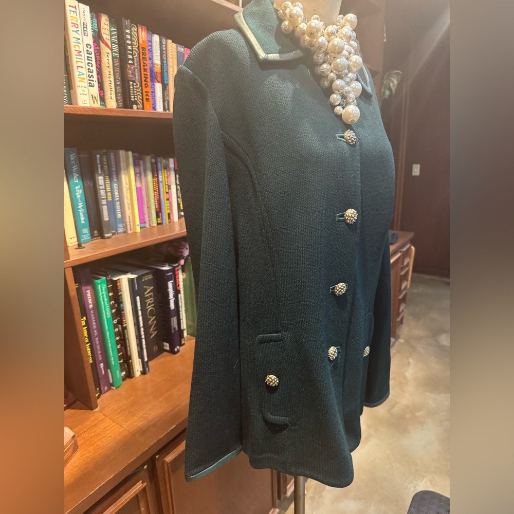St. John Collection Green Blazer with Logo Buttons Leather Trim - Picture 3 of 8